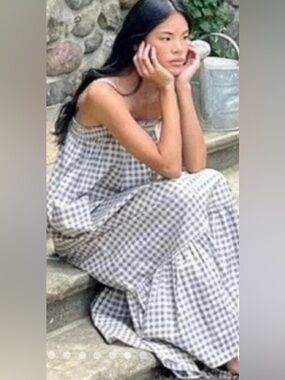 WeWoreWhat Gingham Maxi Dress Blue XS Smocked Ruffle Straps Sun Tiered Cottage
